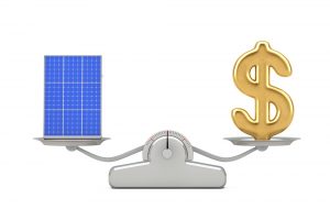 Golden Dollar Sign with Photovoltaic Solar Panel Balancing on a Simple Weighting Scale on a white background. 3d Rendering